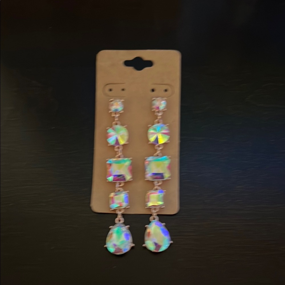 Silver Dangle Earrings with Iridescent Teardrop and Colorful Beads